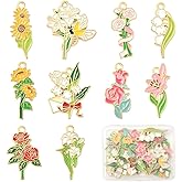 SUNNYCLUE 1 Box 20Pcs 10 Styles Enamel Flower Charm Gold Floral Charms Bulk Metal Alloy Spring Sunflower Lily Rose Lily of The Valley Pendants for Jewelry Making Necklace Bracelet Earring DIY Craft