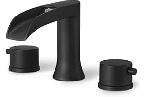 HEYMYTAP Black Bathtub Faucet Set 3 Hole, Brass High Flow Waterfall Roman Tub Faucets Widespread Deck Mount with 2 Handles & Pre-Installed 1/2" Supply Lines for Hotel, Farmhouse, Modern