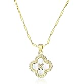 LETFLY Four Leaf Clover Initial Necklaces for Women, 14K Gold Plated Natural Shells Clover Letter Pendant, Alphabets A-Z Necklace Jewelry Gifts for Women