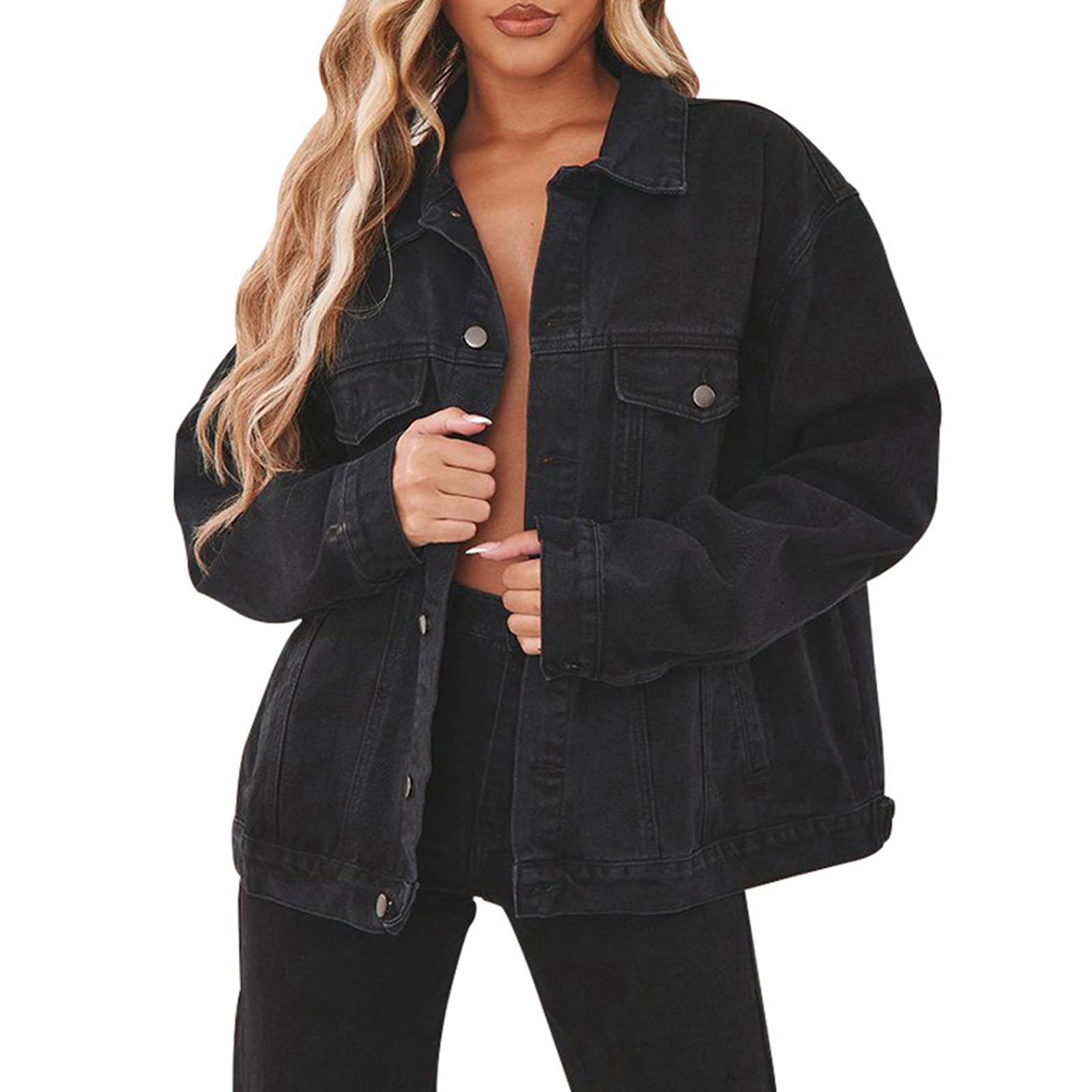 Photo 1 of Black Jean Jacket for Women Oversized Long Sleeve plus size Casual Denim Jackets with Pockets 2025(Black,L)