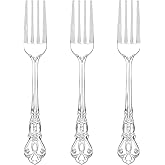 Joyido 75PCS Silver Plastic Forks - 8.1inch Silver Forks Disposable - Vintage Heavy Duty Dessert Forks - Premium Fancy Plastic Silverware for Parties, Weddings, Dinners and Events