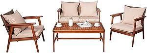 Tangkula 4 PCS Patio Wood Sofa Set, Outdoor Acacia Wood Seating Chat Set with Cushions & Coffee Table, Sectional Conversation Sofa Set for Garden, Backyard, Poolside (1, Brown)