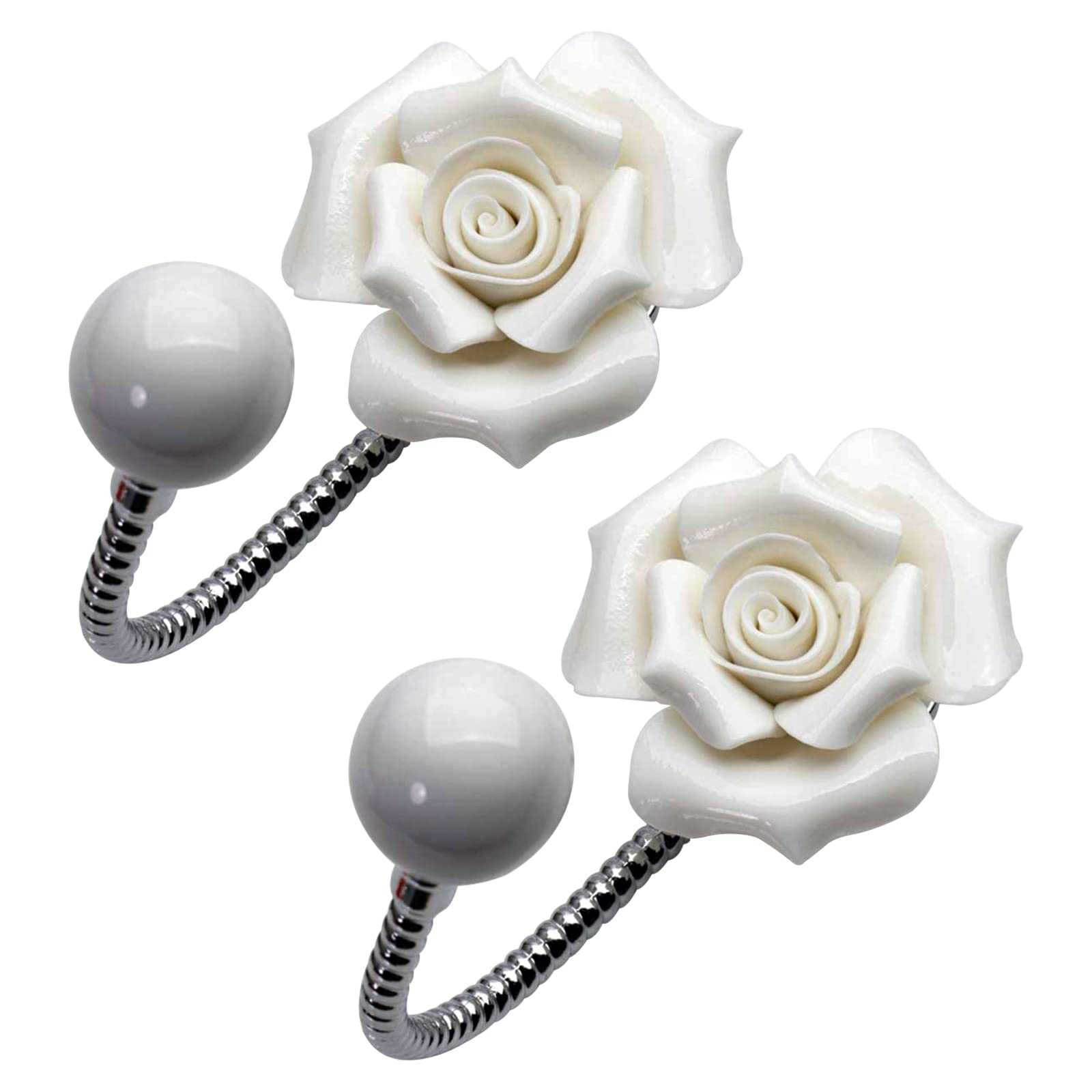 MOROBOR White Flower Ceramic Wall Coat Hook，2pcs 3D Rose-Shaped Chrome Decorative Robe Hook Decorative Flower Wall Mounted Hooks for Hanging Scarf, Bag, Towel, Hat