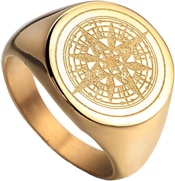 Oakky Men's Stainless Steel Stars Vintage Round Compass Signet Ring (Multi Colors)