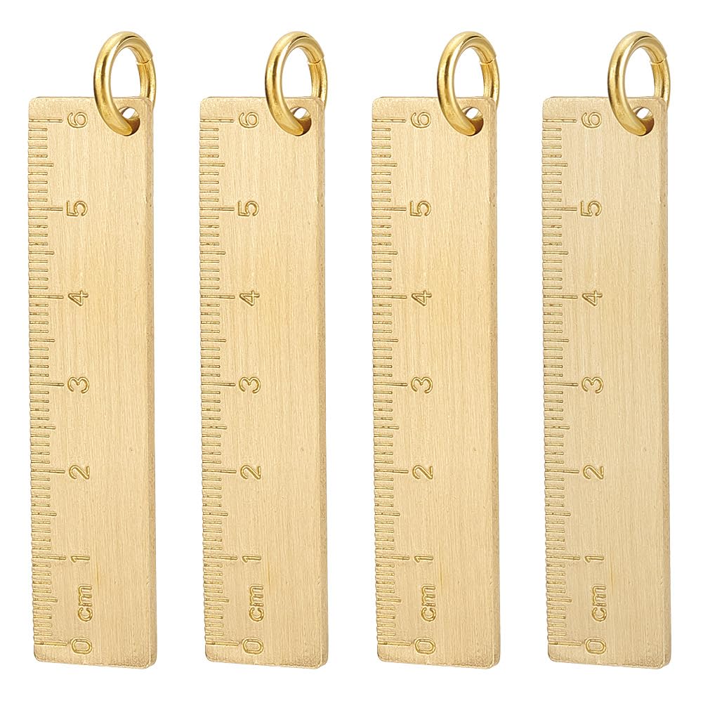 DELORIGIN 4Pcs Small Metal Ruler Keychain 6cm Brass Gold Straight Ruler Bar Metric Measurement Tool Decoration Key Ring Ornaments Pendants Ruler Bookmark Keychain Accessories for Students Car