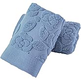 YiLUOMO Blue Embossed Floral Pattern Hand Towel Set of 2 Super Soft 100% Cotton Highly Absorbent Decorative Rose Bath Hand Towels for Bathroom Home 13x 29 Inch