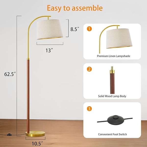 G-SAFAVA 62.5″ WOOD FLOOR LAMP FOR LIVING ROOM GOLD WITH FOOT SWITCH ARC STANDING TALL LAMPS FOR BEDROOM MID CENTURY MODERN CORNER FLOOR LAMPS FOR OFFICE NURSERY INDUSTRIAL READING LIGHT ROOM LAMP