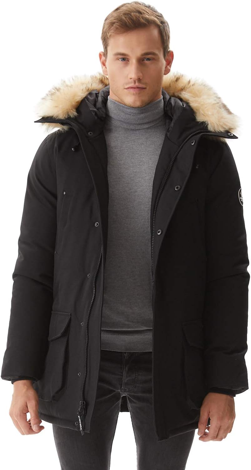 padded long coat with fur hood