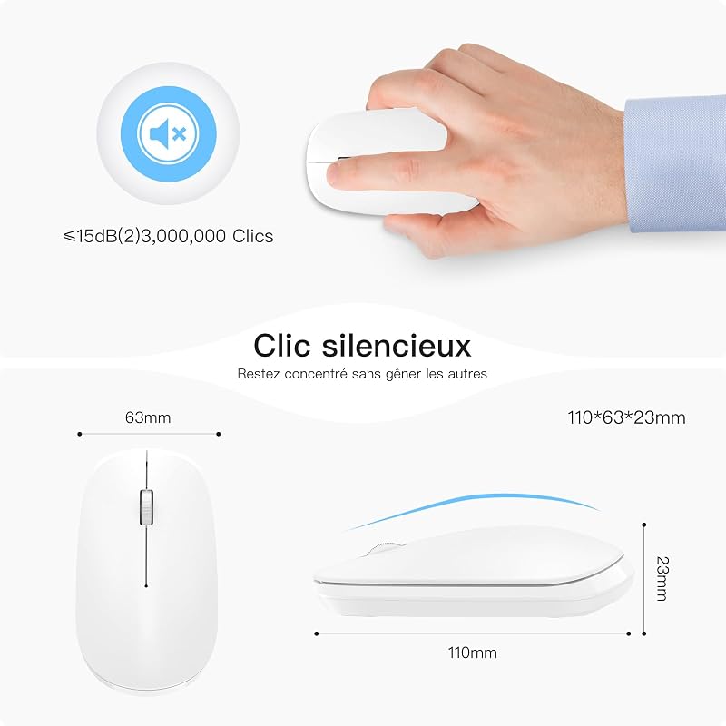 Souris Bluetooth Silencieuse 800/1200/1600 DPI, Ultra-Mince Blanche Compatible avec Mac/PC/Android
