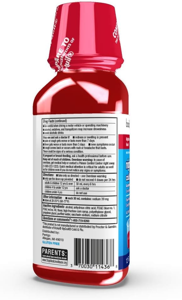 Basic Care Nighttime Cold & Flu Relief, Pain Reliever, Fever Reducer, Cough Suppressant, Antihistamine, Cherry Flavor, 12 Fluid Ounces: Health & Personal Care
