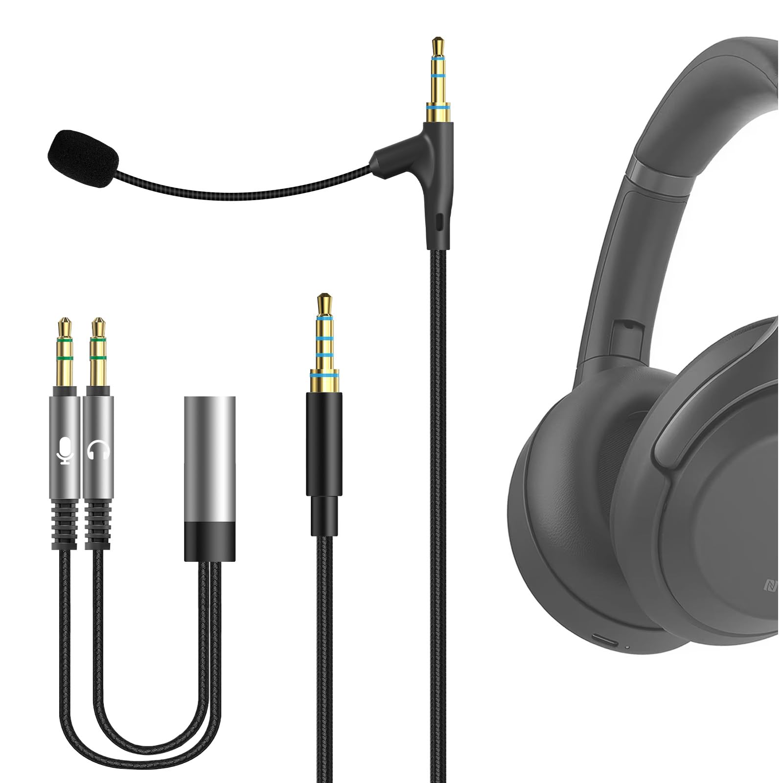 GEEKRIA Boom Mic Headphones Cable Compatible with Sony WH-1000XM6 WH-1000XM5 WH-1000XM4 ULT Wear, 3.5mm Jack Nylon Braided Replacement Cord with Boom Microphone for Gaming & Meeting (5.6ft)