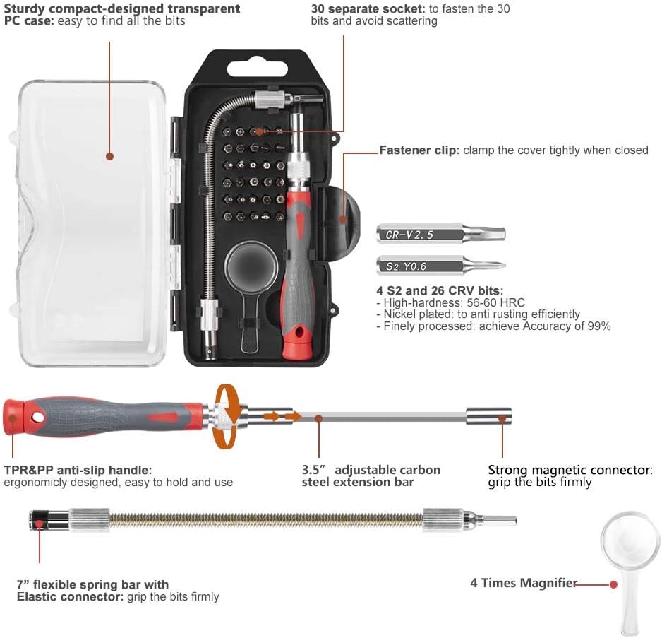 GIVERARE Precision Screwdriver Set with Flexible Bar, Extension Bar, Magnifier, Professional Screwdriver Kit with Replaceable Bits, Driver Kit for iPhone, iPad, Mobile, Laptop, PC, Electronics: Home Improvement