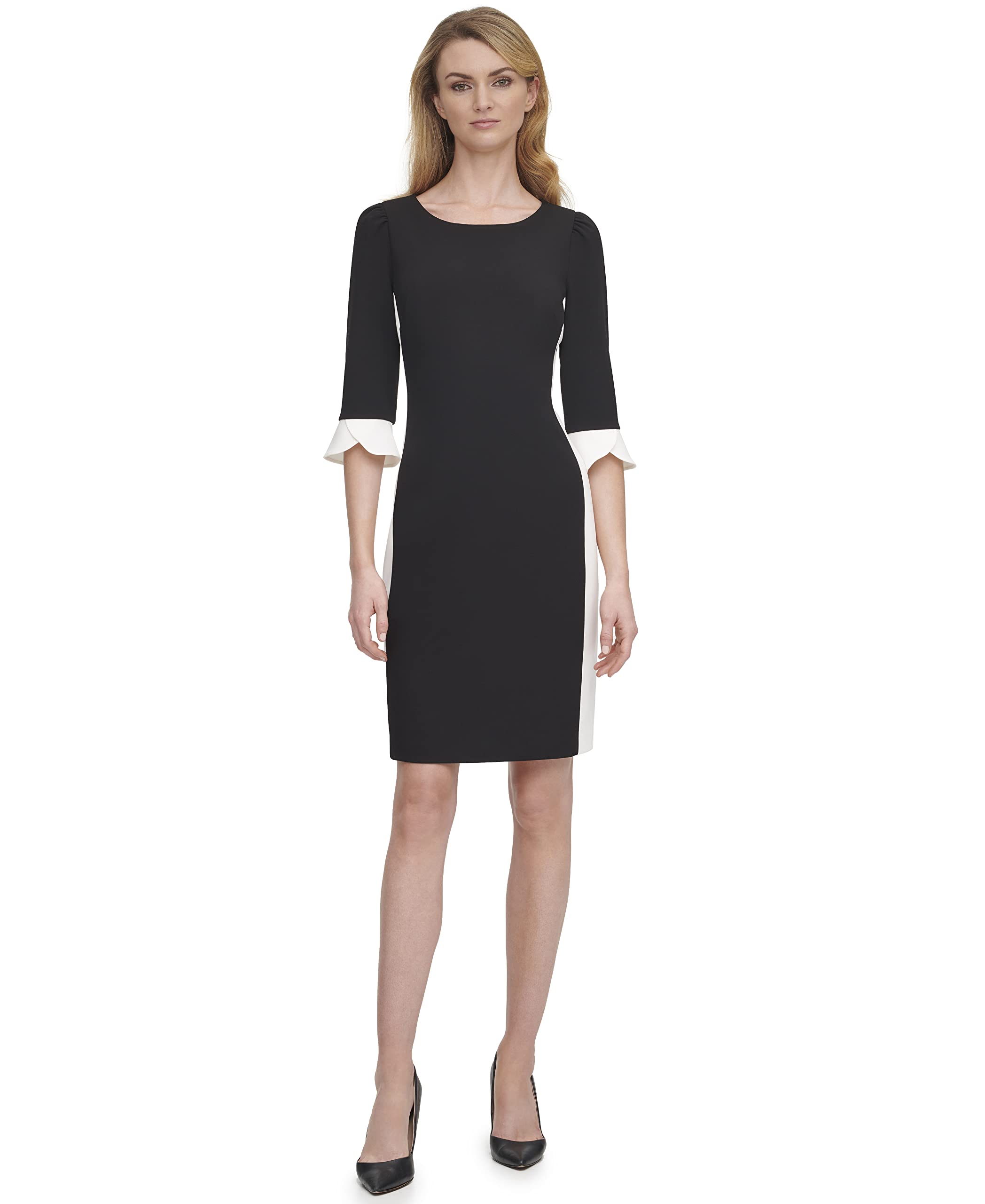 Photo 1 of DKNY Women's Sheath with 3/4 Chiffon Sleeve Dress, Black/Ivory, 16