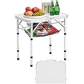 VEVOR Folding Camping Table, Adjustable Height Portable Side Tables, Aluminum MDF Beach Table with Mesh Layer, Carrying Handl