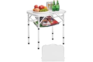 VEVOR Folding Camping Table, Adjustable Height Portable Side Tables, Aluminum MDF Beach Table with Mesh Layer, Carrying Handl