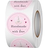 Acetiamin Pink Bakery Use Baked with Love Stickers, 1.5 inch 500 PCS, Heart & Letter Print, Waterproof, Matte Finish, Traditional & Vintage Style, Perfect for Baked Goods, Small Businesses