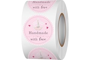 Acetiamin Handmade with Love Stickers Roll, 1.5 inch 500 PCS Pink Baked with Love Stickers, Homemade with Love Stickers for Baked Goods, Bakery Bread Cookie Packaging, Small Businesses