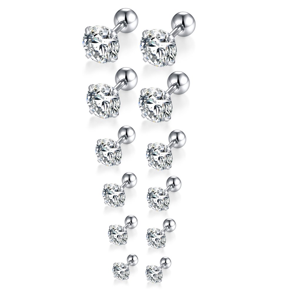 FOSIR 6 Pair 18G Stainless Steel Stud Earrings for Men Women Cartilage Ear Piercing Cubic Zirconia Inlaid 3-8MM