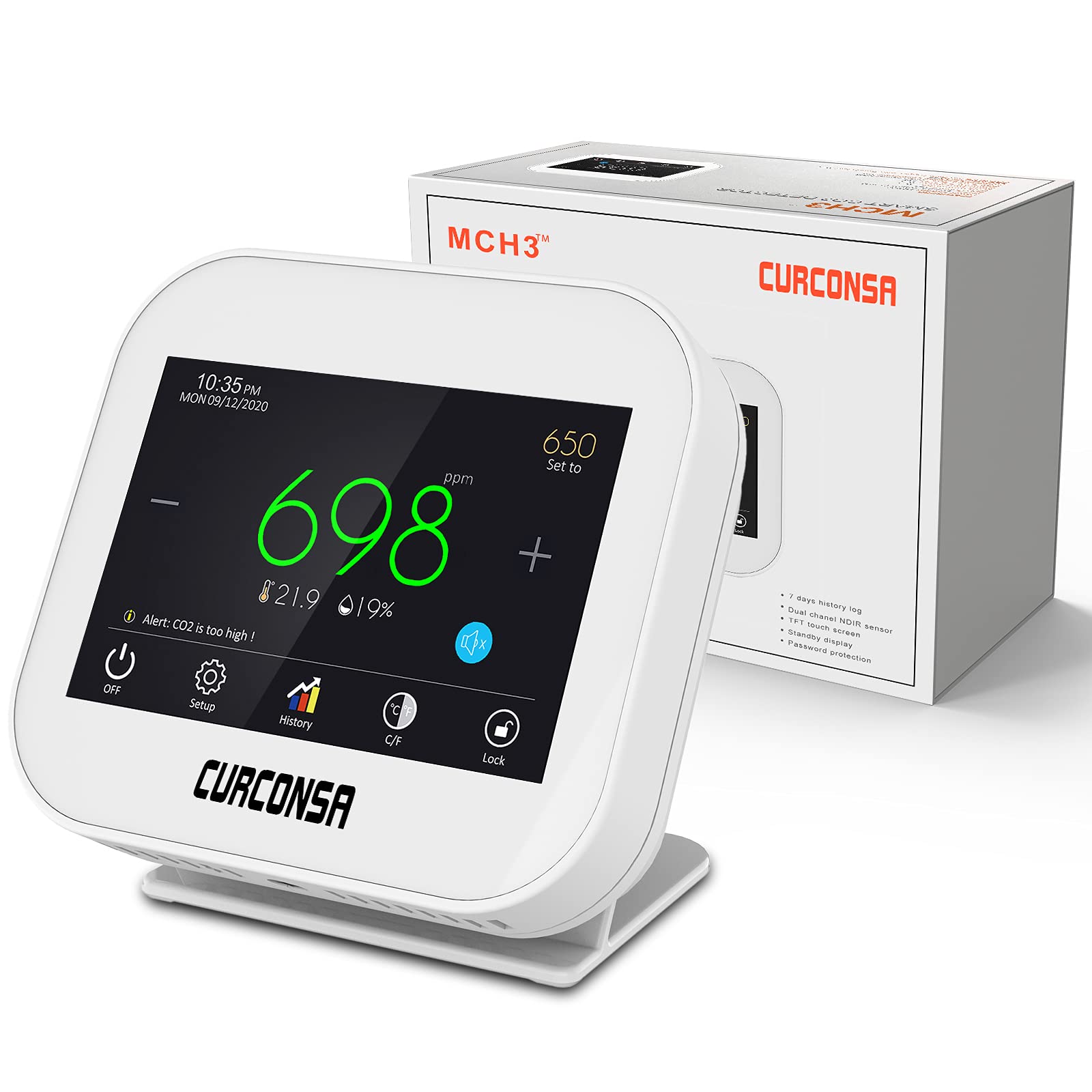 CO2 Monitor, CURCONSA CO2 Meter Indoor Air Humidity and Clock Dual Channel NDIR CO2 Sensor 3.5 Inch TFT Colour Screen with Capacitive Touch 0~5000PPM