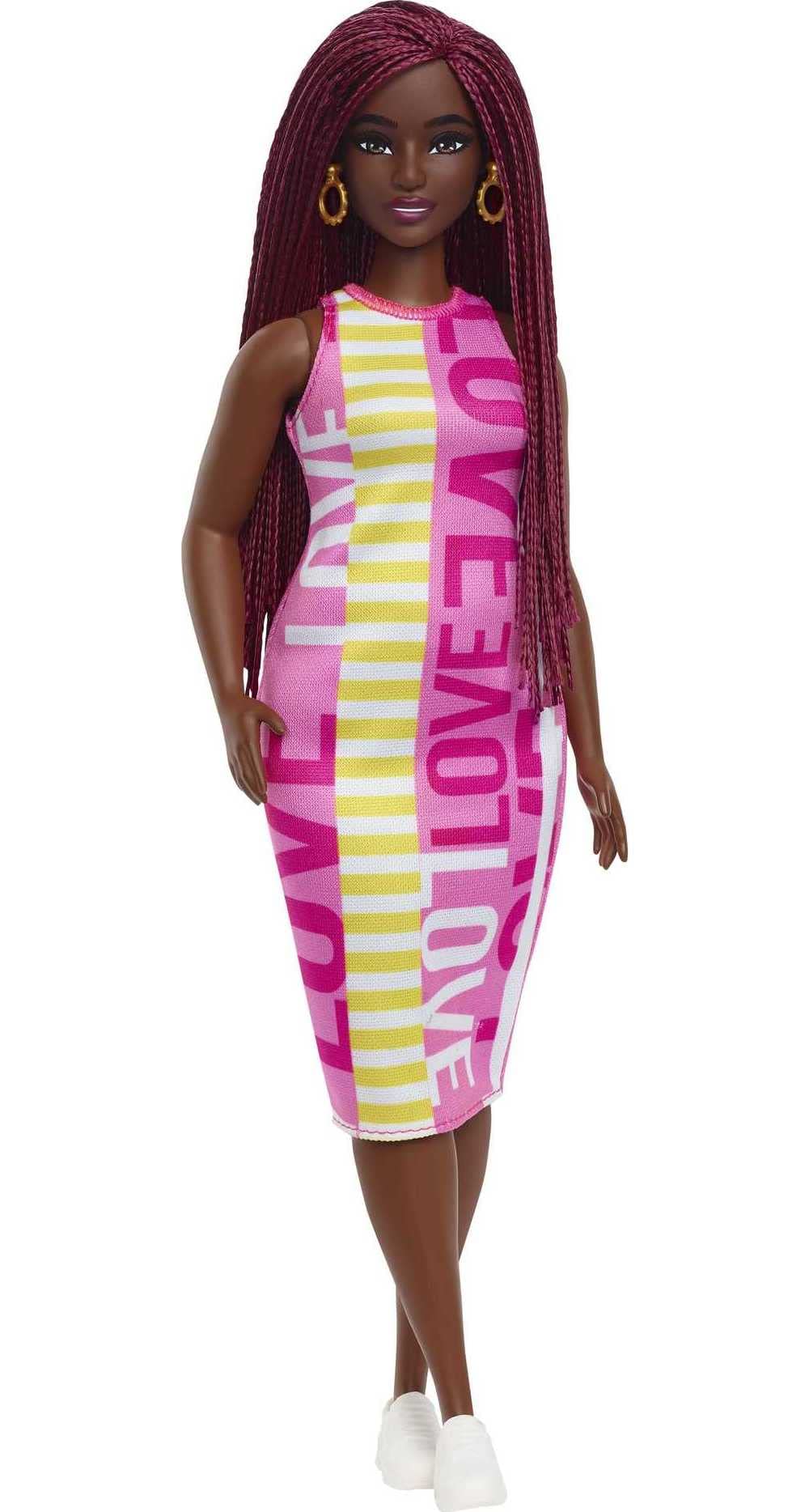 Barbie Fashionistas Doll #186, Curvy, Crimson Braids, Sleeveless Love Dress, Hoop Earrings, Toy for Kids 3 to 8 Years Old, HBV18
