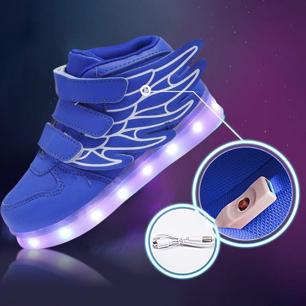 RioRand Kids Lights Up Sneakers Boys Girls Flashing Rechargeable Dance Shoes Athletic Wings Fashion High Top 7 Colors LED Shoes Blue