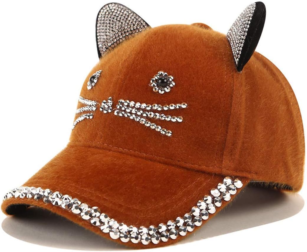 Women Cute Cat Ears Baseball Cap Rhinestones Adjustable Hip Hop