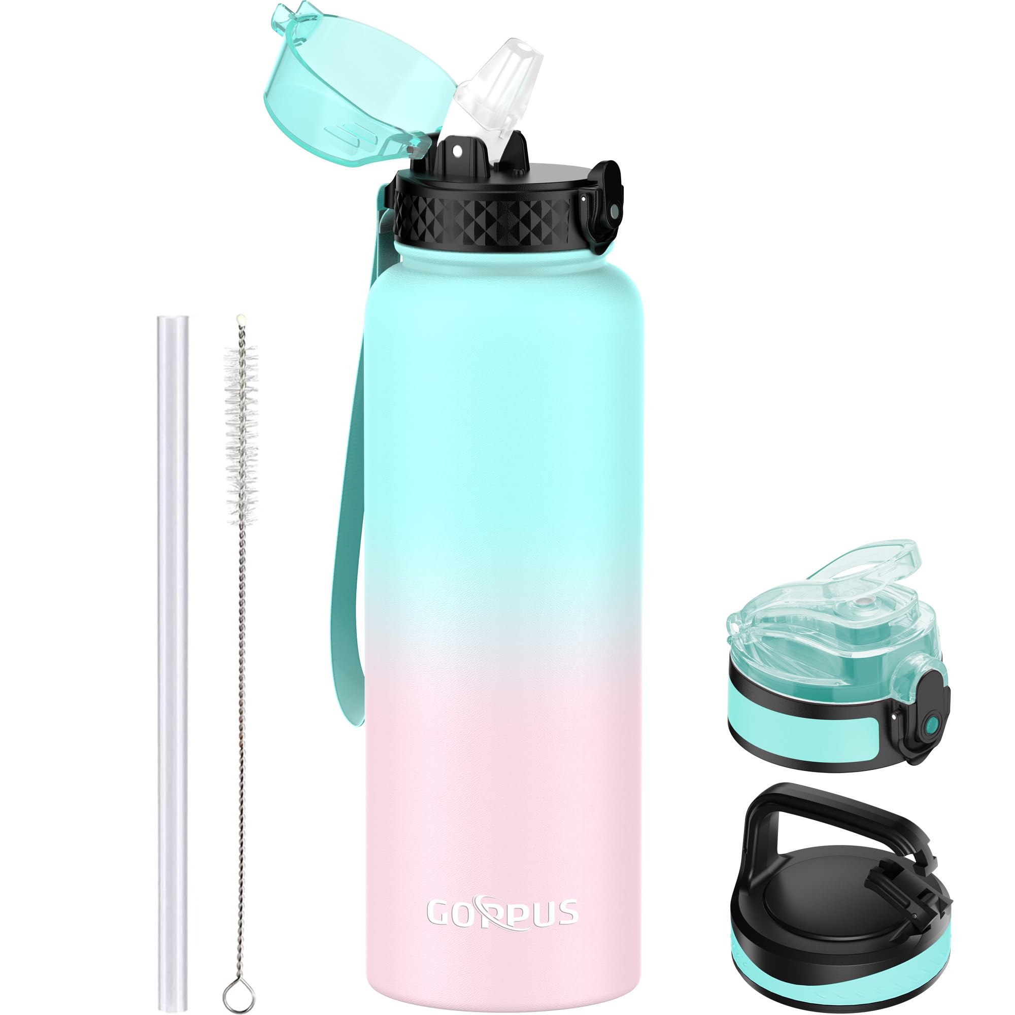 GOPPUS 1.2L/40oz Stainless Water Bottle with Straw Double Wall Insulated Bottles with Strap Large Vacuum Thermal Flask Leakproof Keep Cold Drinks Bottles with Flip Top Lid for Men Women BPA Free