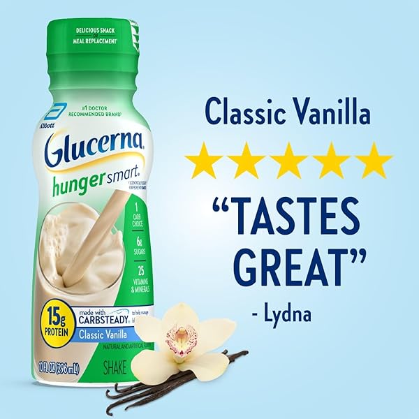 GLUCERNA HUNGER SMART DIABETES CARE SHAKE, CLASSIC VANILLA, DIABETIC MEAL REPLACEMENT TO SUPPORT BLOOD SUGAR MANAGEMENT, 15G PROTEIN, 180 CALORIES, READY TO DRINK, 10-FL-OZ BOTTLE, 6 PACK
