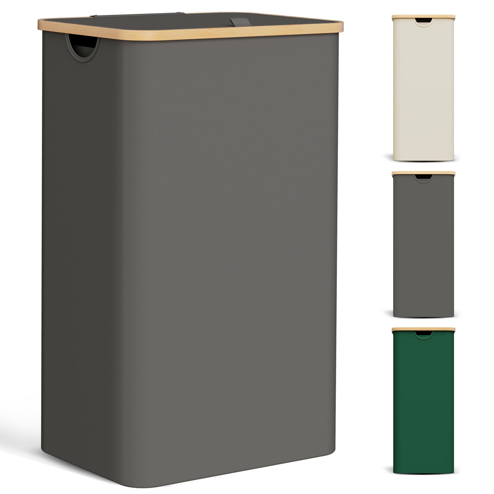 YOUDENOVA Laundry Basket with Lid 85-Litre Large Washing Baskets for Laundry with Laundry Bag Collapsible Laundry Baskets with Handles Laundry Hamper Bamboo Laundry Bin for Bedroom, Dark grey