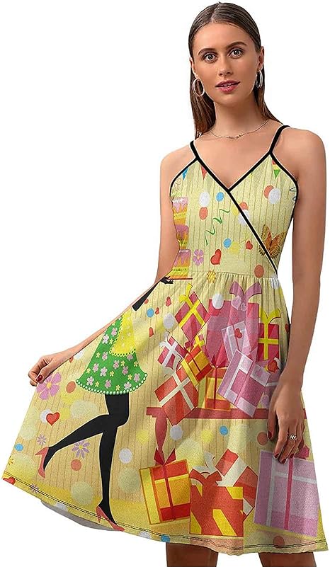 Birthday Maxi Dress, Beautiful Young Woman and Birthday Cake Table Full of Presents Butterfly 
