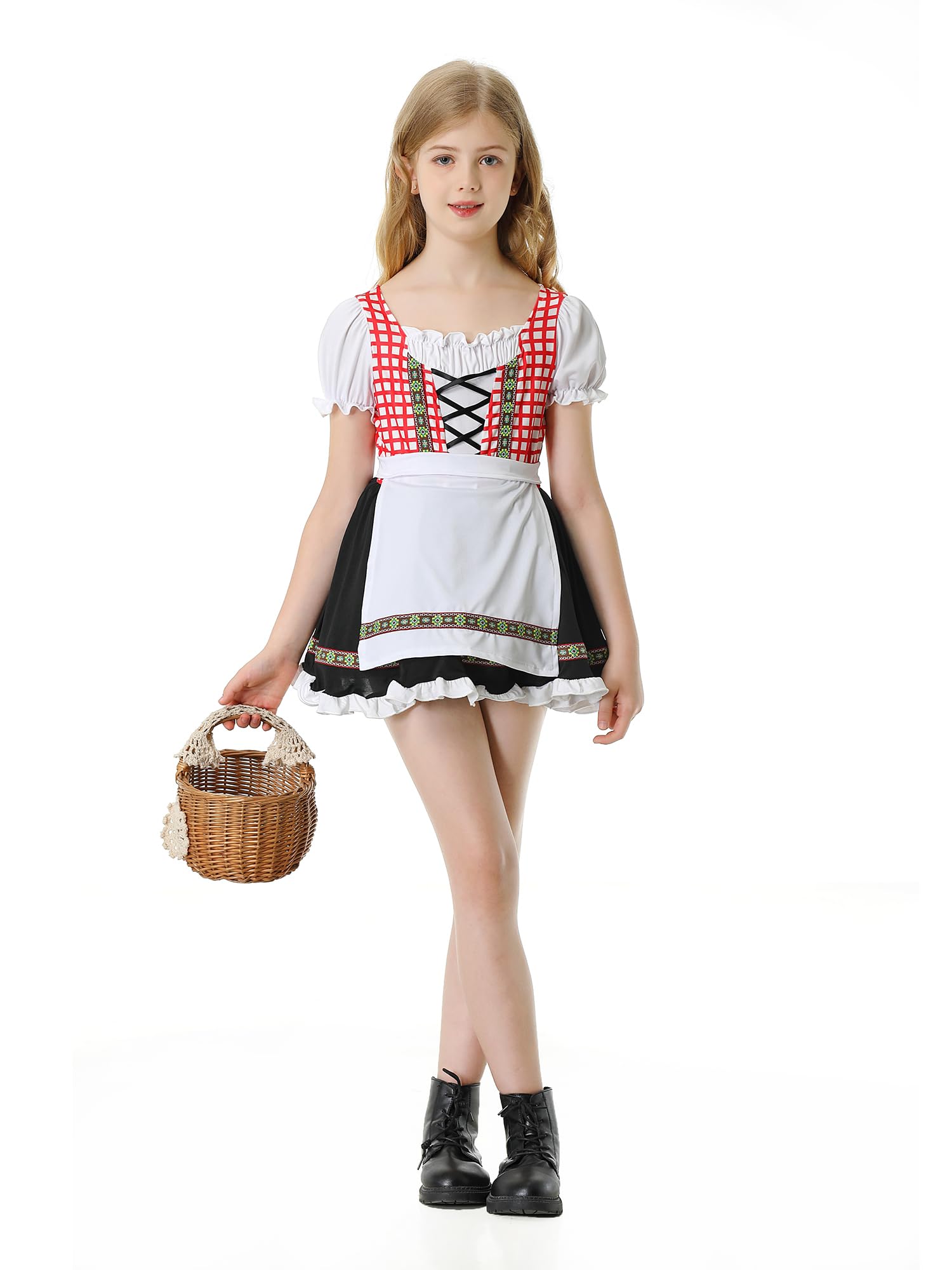 Kids Oktoberfest Outfit Traditional German Red and White Grid Dirndl Dress for Girls Age 3-12 Years Bavarian Oktoberfest Maid Costme (Small, 5-6 Year)