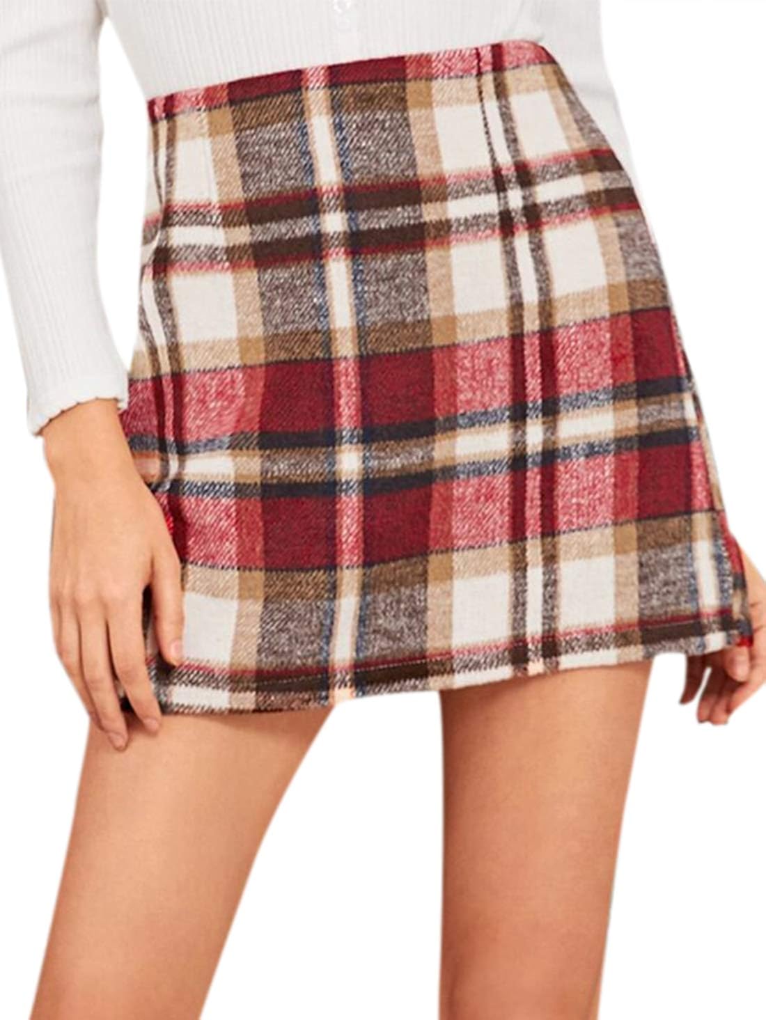 MakeMeChic Women's Plaid Skirt Zipper Back High Waist A-Line Mini Skirt: Clothing