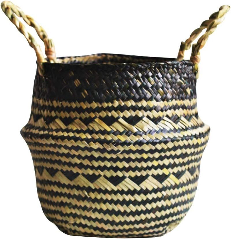Artbro Straw Baskets Hand-woven Foldable Plant Flower Pot Seagrass Weave Basket with Handle for Storage, Laundry, Plant Pot Cover, Shopping, Type A-Size L
