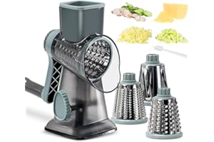 EDEFISY Cheese Grater Hand Crank Rotary Cheese Grater with Handle,3-in-1 Cheese Shredder with Interchangeable Blades and Stro