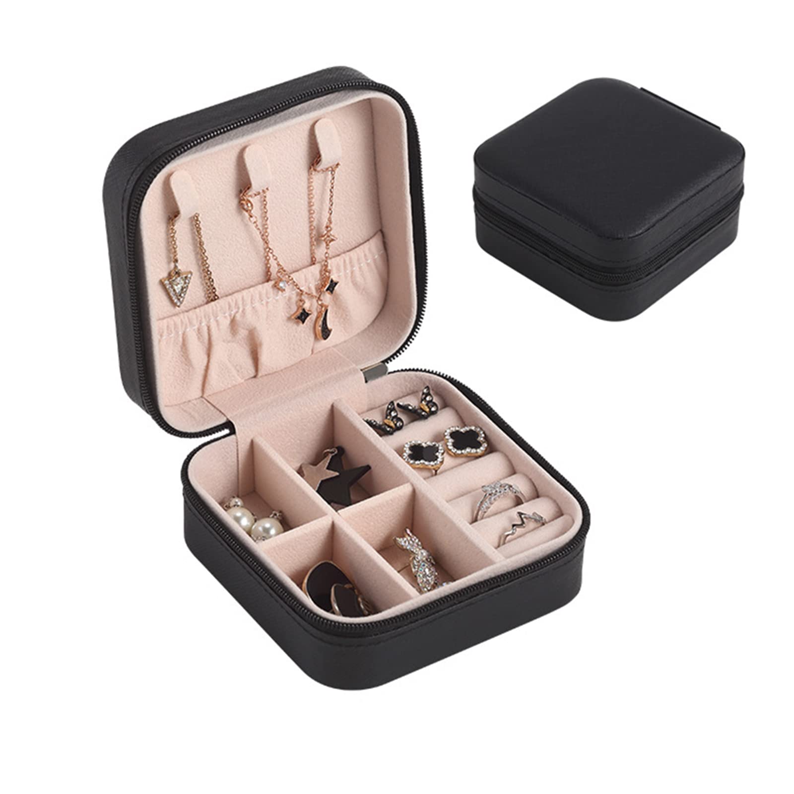 MYKOMI PU Leather Small Jewelry Box Necklace Ring Storage Organizer Mini Jewelry case Double Layer Travel Jewelry Organizer for Women Girls Gift (Black)