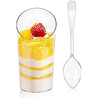 PLAZOTTA 100 Pack Mini Dessert Cups with 100 Spoons, 2.5 oz Clear Plastic Parfait Appetizer Cups, Shooter Cup for Desserts, W