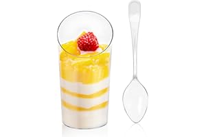 PLAZOTTA 100 Pack Mini Dessert Cups with 100 Spoons, 2.5 oz Clear Plastic Parfait Appetizer Cups, Shooter Cup for Desserts, W