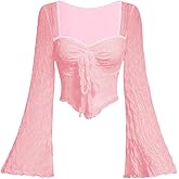 SOLY HUX Women's Long Bell Sleeve Tops Mesh Sweetheart Neck Going Out Crop Top Casual Asymmetrical T Shirts Tees