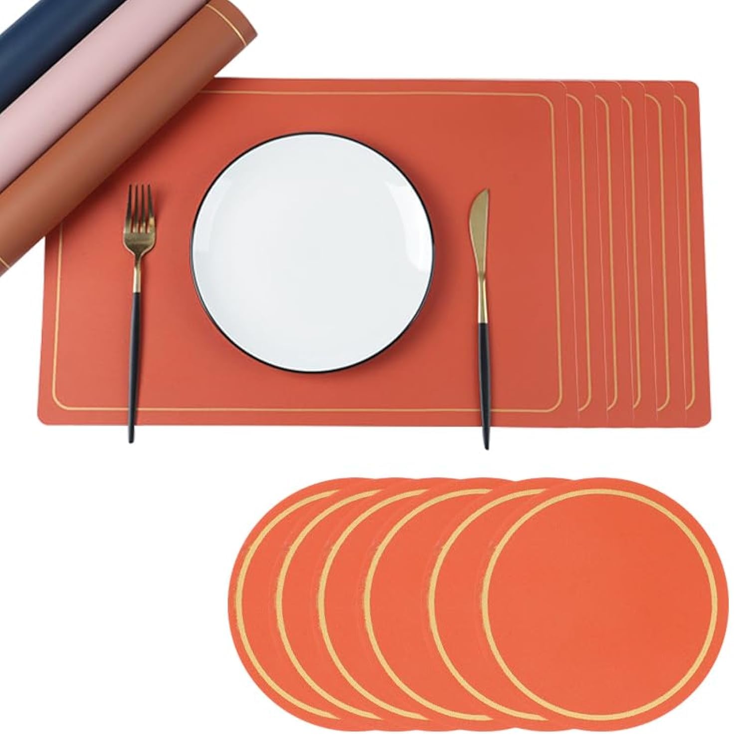 Soulnioi Placemats and Coasters Set of 6, PU Leather Table Mats Heat Resistant Washable Place Mats Not Rolled Plate Mats for Kitchen Dining Table Restaurant Home Decor - Orange