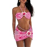 Luckydora Women's Floral Bikini Set Tropical Halter 3 Piece Wrap Mini Skirt Beachwear Sexy Summer Vacation Outfit Swimwear