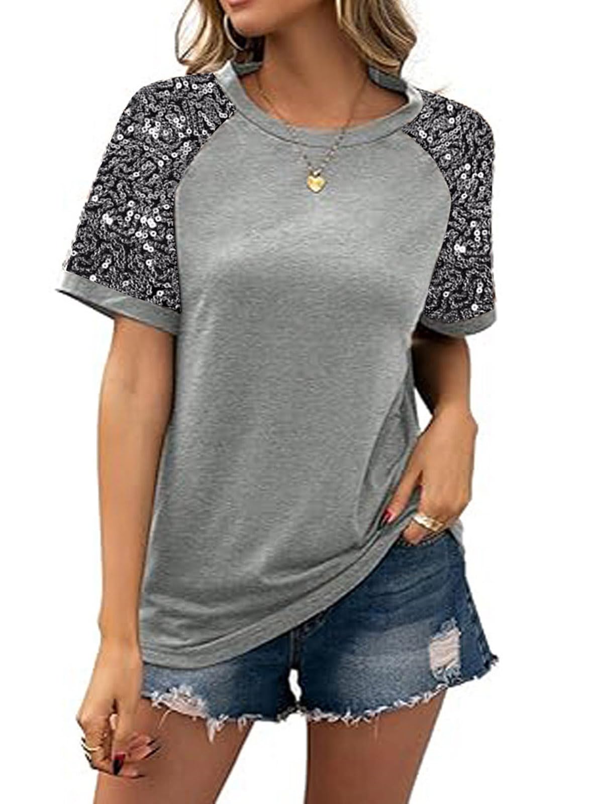Photo 1 of ***sSIMILAR PRODUCT***
Women Sequined Splicing Short Sleeve T-Shirt Fashion Sparkle Sequin Party Tops Glitter Summer Beach Vacation Tee Shirt(Print,L)