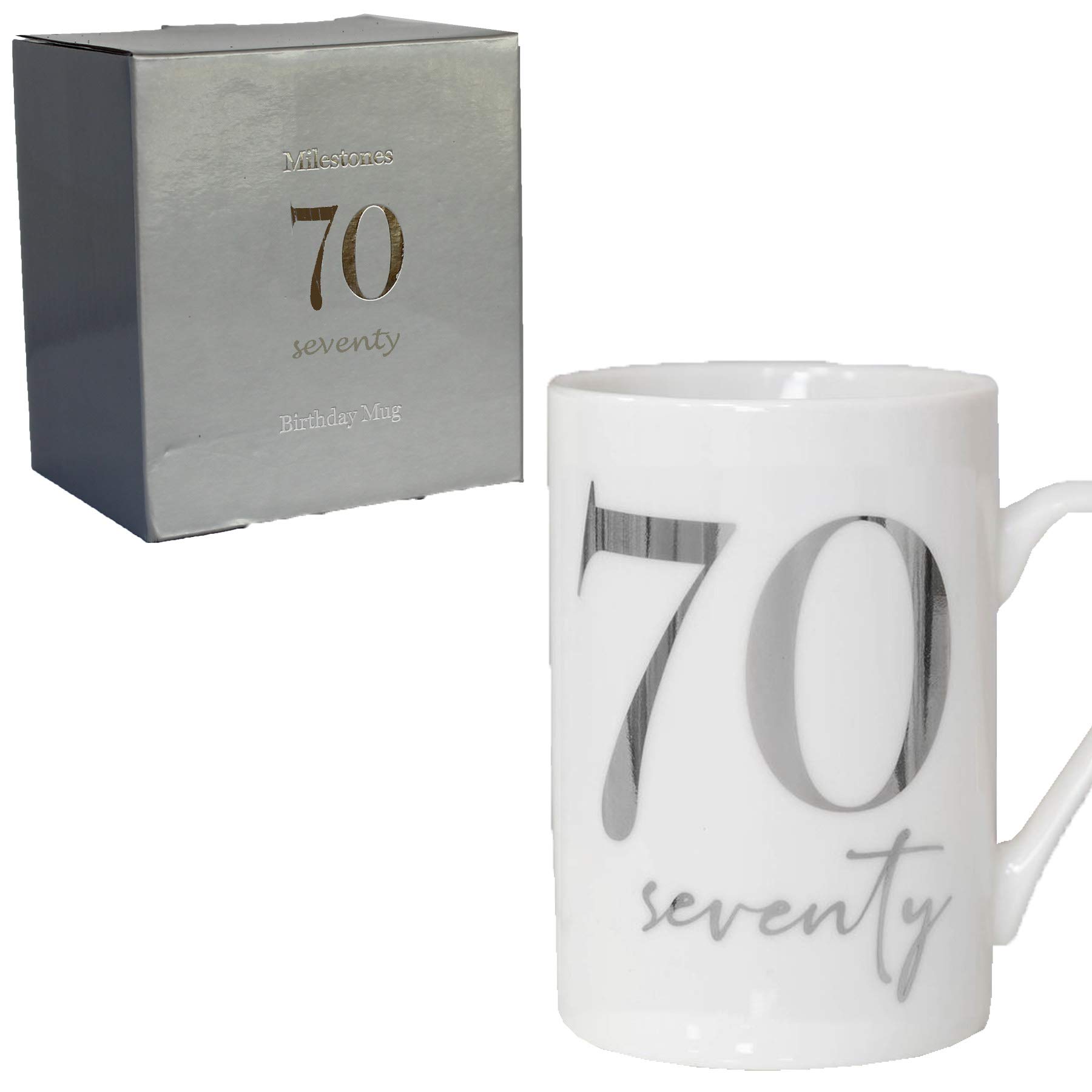 Widdle Gifts White Bone China Mug with Silver Foil Number - 70th Seventy 70 Birthday
