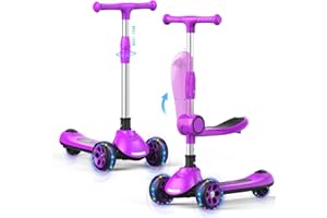 EVLIQUIL Kids Scooter,LED Lighted Wheels and 3 Adjustable Height Handlebars Scotters for Kids 3-12,3 Wheel 2-in-1 Toddler Kick Scotter for Boys & Girls up to 132 Lbs.