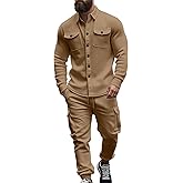Men's Fleece Cargo Jacket Tracksuit Set 2 Pieces Solid Color Long Sleeve Button up Jacket and Cargo Pants Set