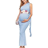 AISWI One Shouler Maternity Mermaid Dress with Flowing Ruffle Tassel Bodycon Pregnancy Dresses Baby Shower, Without Belt