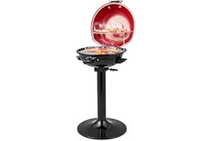 ORALNER Electric BBQ Grill with Stand, Warming Rack & Drip Tray, 15-Serving Electric Griddle Indoor & Outdoor Cooking Grilling Portable Patio Grill, for Balcony, Garden, Apartment, 1600W (Red)