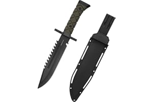 Leopcito 15" Fixed Blade Tactical Knives with Sheath, Stainless Steel Survival Hunting Bushcraft Full Tang Non-Slip Handle Knife with Serrated Blade Back for Camping Adventure EDC