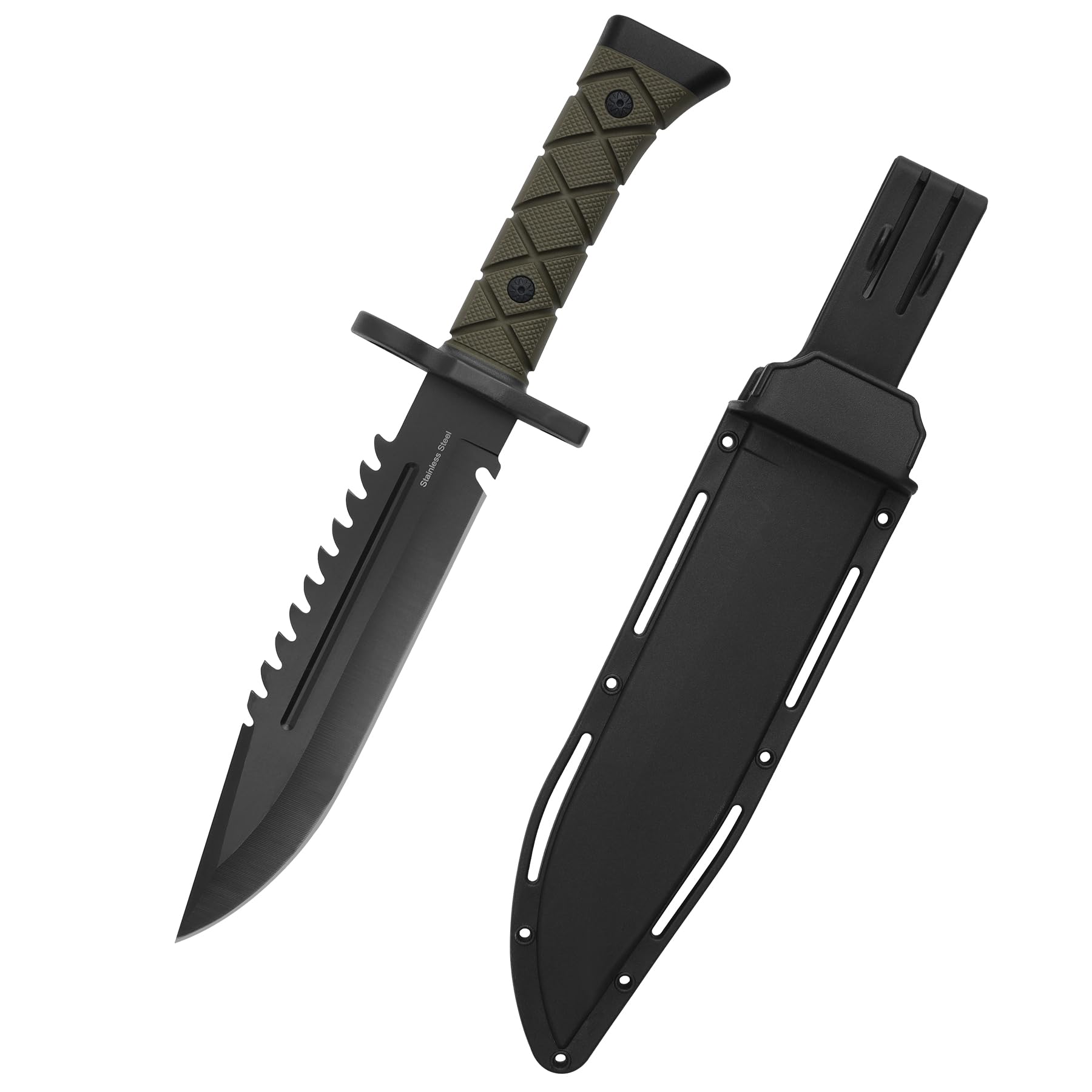 Photo 1 of Leopcito 15" Fixed Blade Tactical Knives with Sheath, Stainless Steel Survival Hunting Bushcraft Full Tang Non-Slip Handle Knife with Serrated Blade Back for Camping Adventure EDC