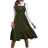 WDIRARA Women's Button Front Sleeveless Ruffle Hem Pinafore Dress Corduroy Jumper Dress