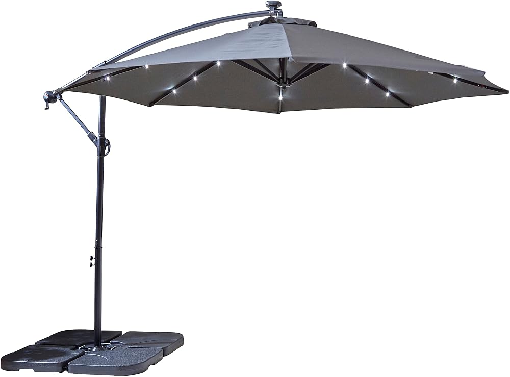Neo 3M Grey Cantilever Parasol Outdoor Waterproof LED Lights Crank Handle Water